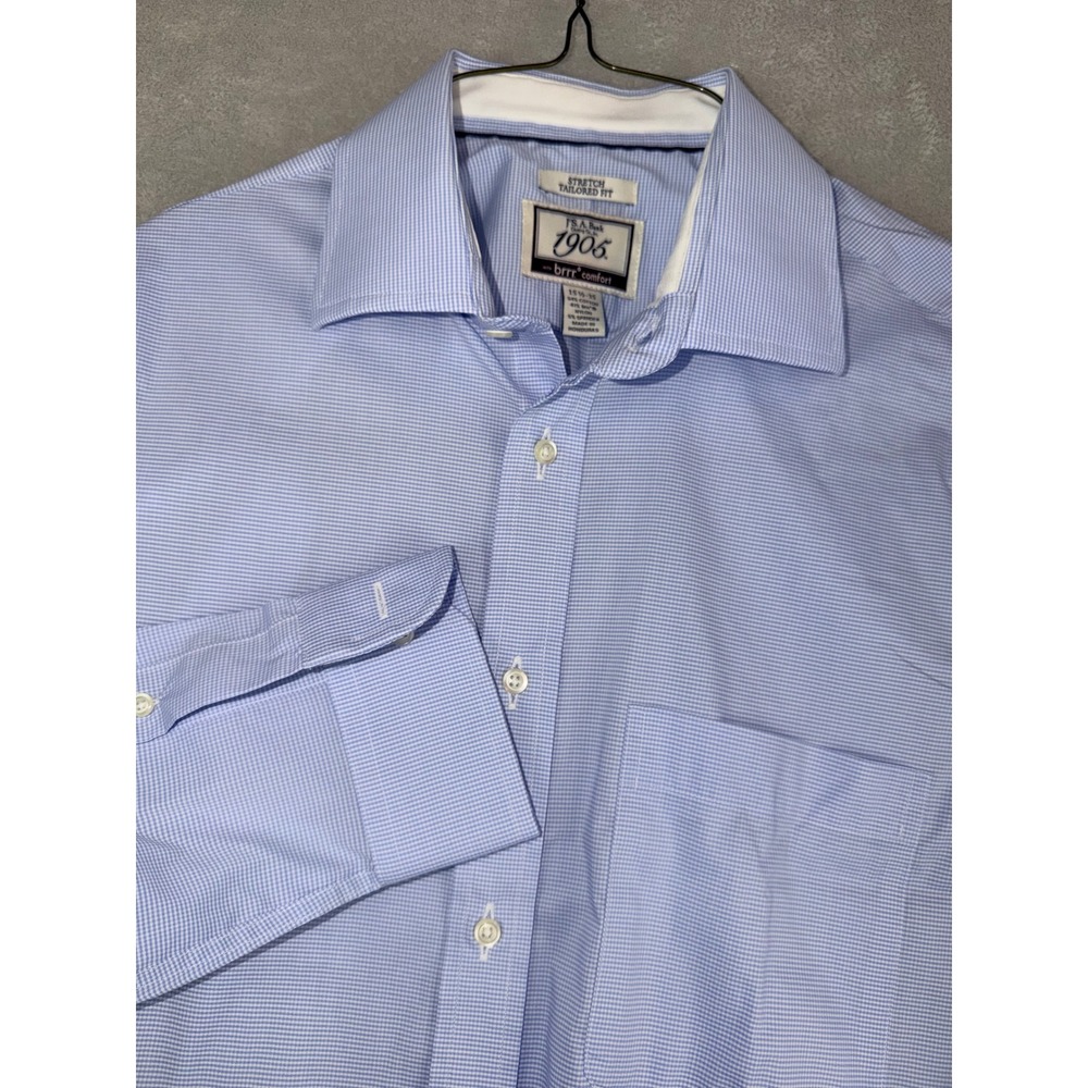 Jo's A Bank 1905 brrr Comfort Dress Shirt Mens 15.5X35 Blue Gingham Tailored Fit